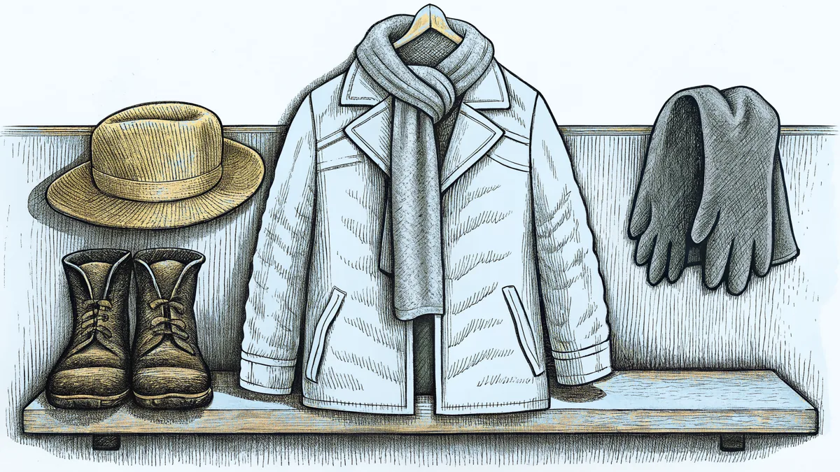 Winter clothing including coat, boots, hat, scarf, and gloves on display