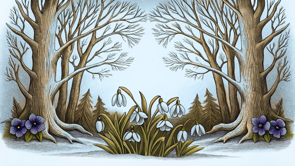 Snowdrops and pansies bloom bravely through winter frost and ice.