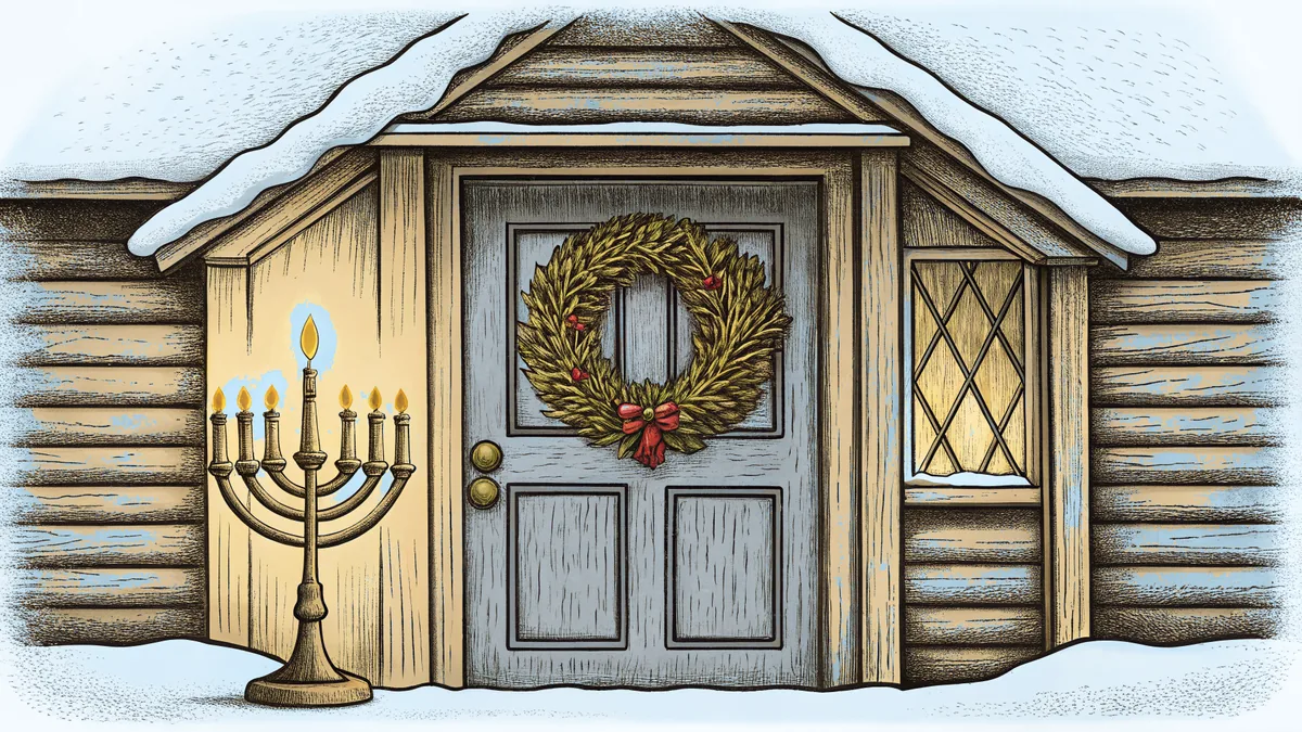 A holly wreath and a lit menorah frame the door of a snow-covered cottage.