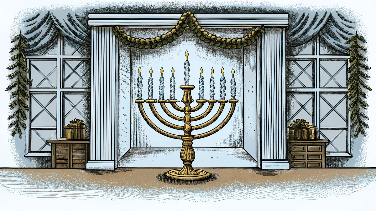 Holiday room decorated with fireplace, menorah, garland, and feast table.
