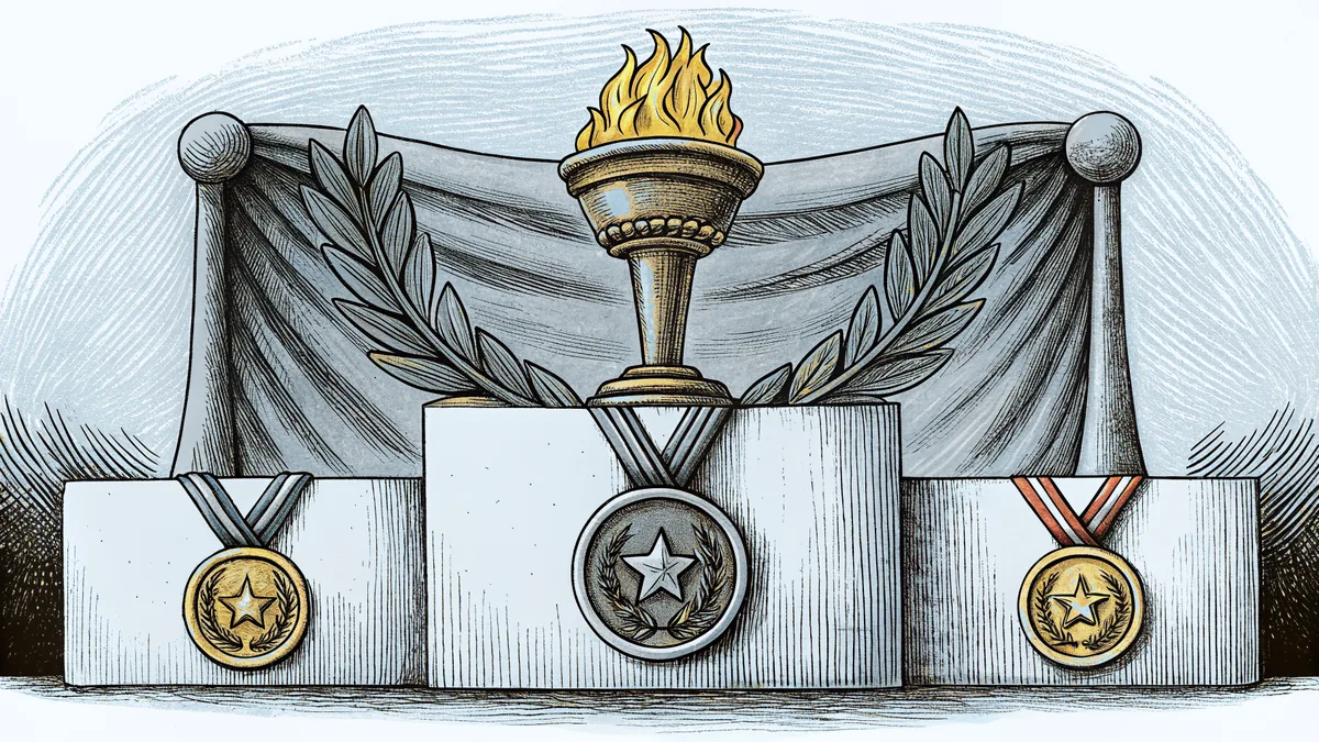 Gold and silver medals gleam on a winners' podium beneath a burning olympic torch.