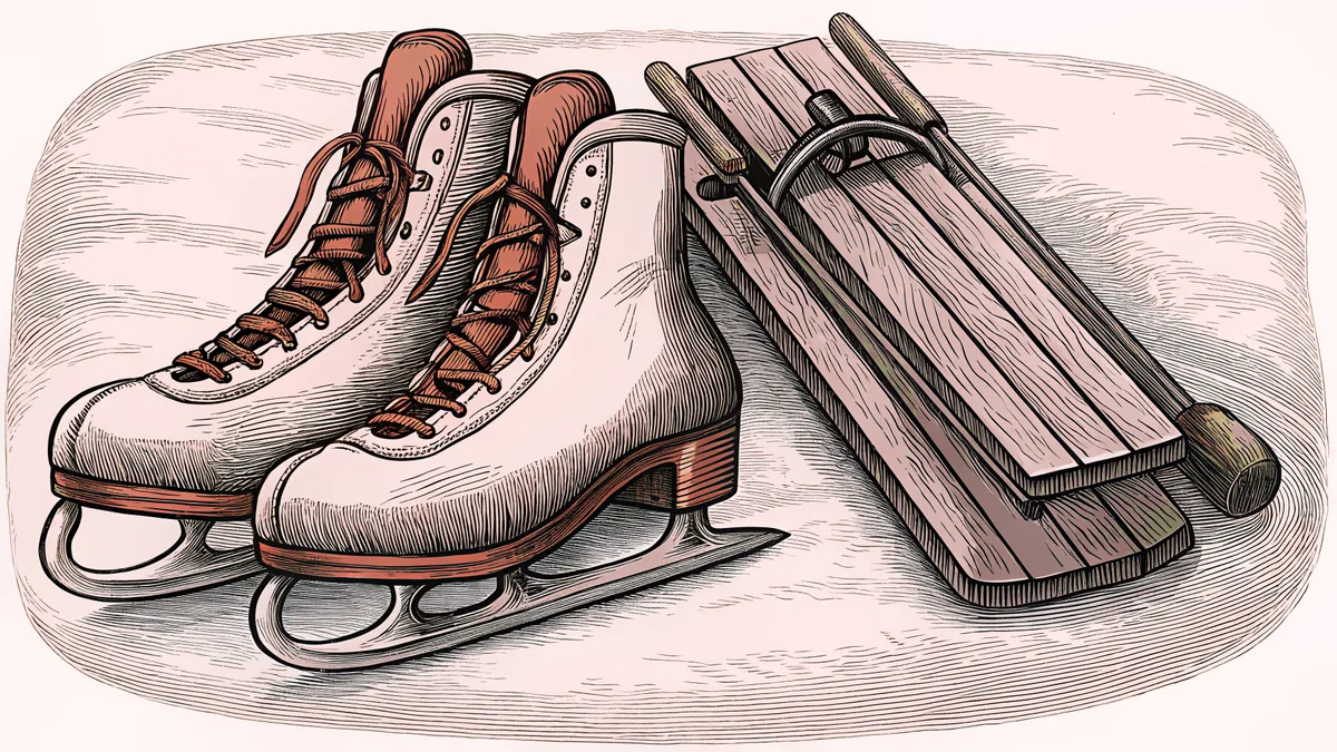 A pair of ice skates sits on fresh snow beside a wooden bobsled with racing skis.