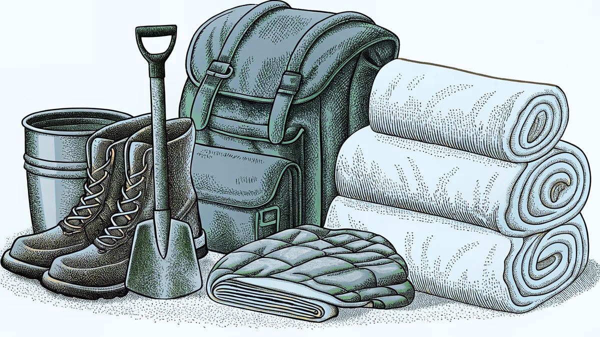 Winter preparedness items spread out: boots, blankets, flashlight, and a shovel.
