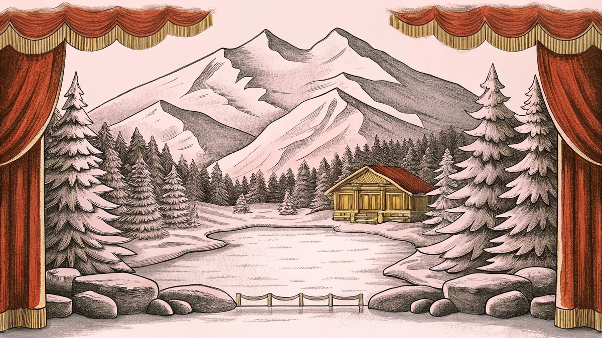 A winter landscape with skiers, sledding, and a curling rink.