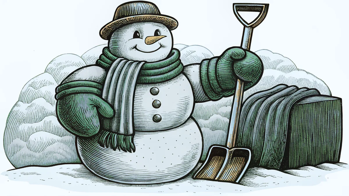 A snowman wears a jaunty scarf and gloves in winter snow.