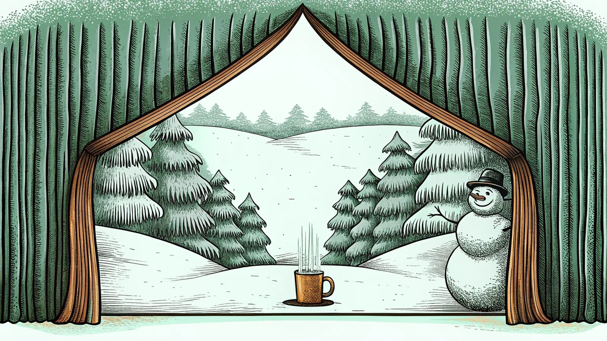 Snowy scene with snowman, sleigh, and warm mug of hot cocoa amid glistening icicles