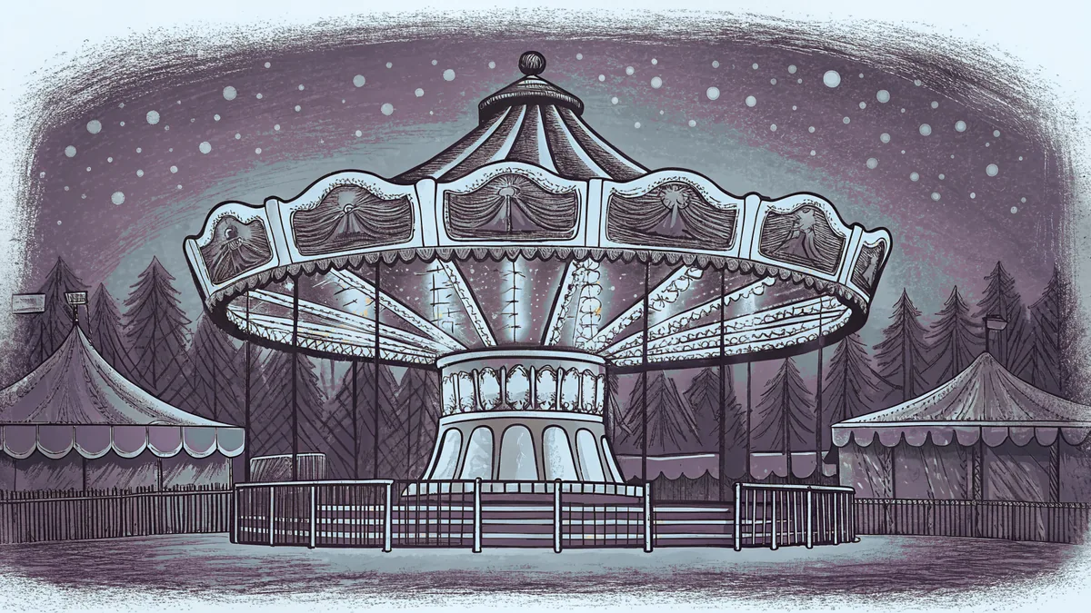 A festive carousel twirls beside an icy rink in winter wonderland.