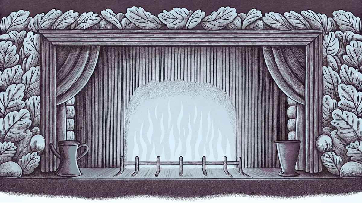 A crackling fireplace warms a cozy room on a winter evening.