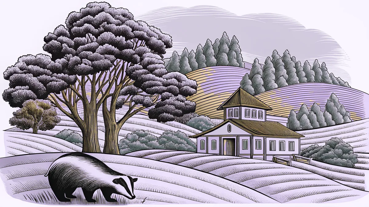 A Wisconsin landscape features rolling green hills with a cheese shop building and a badger statue in the meadow.