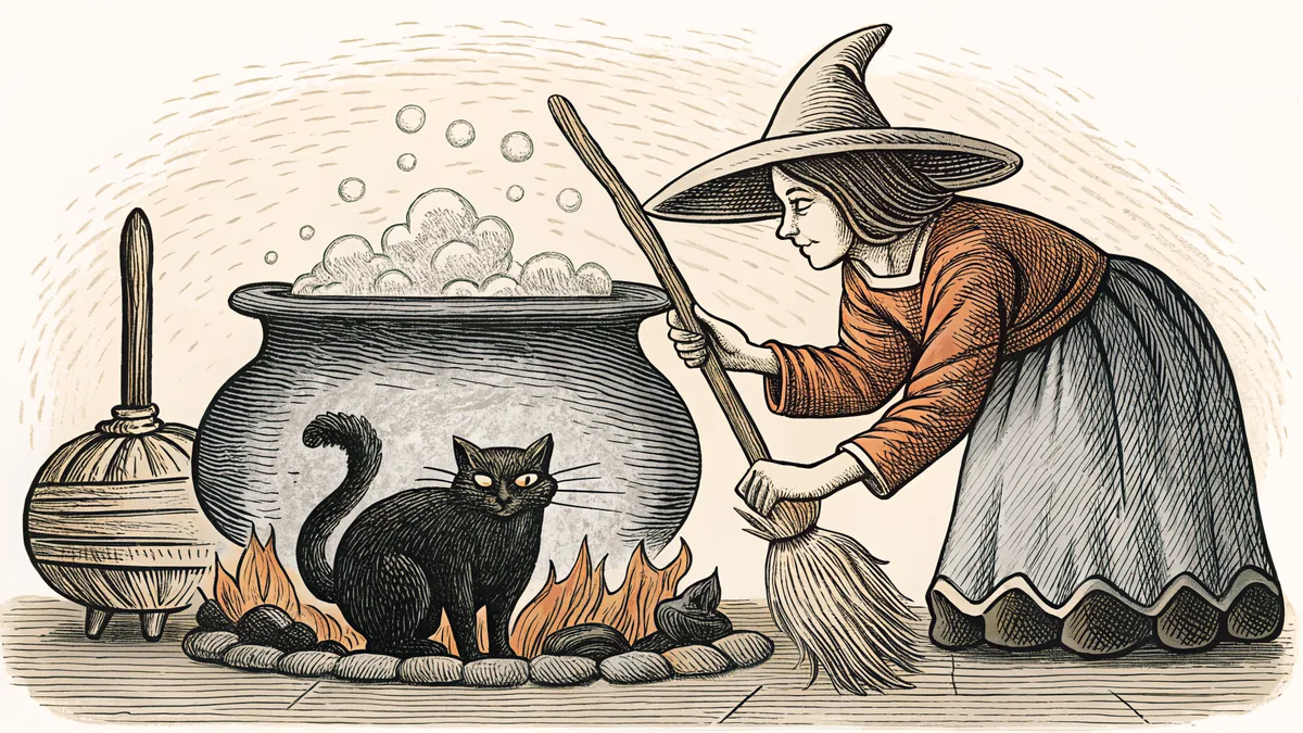 A witch brewing potions with her black cat beside a glowing cauldron.