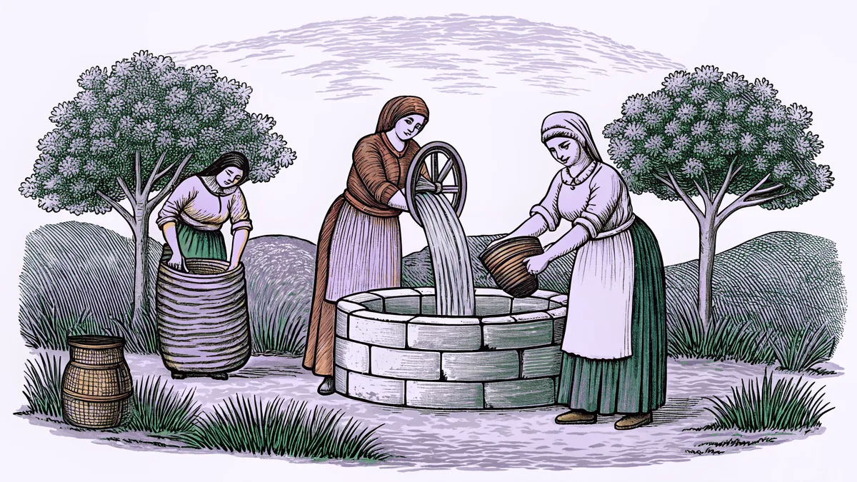Three women engaged in traditional tasks—spinning, harvesting, and drawing water.