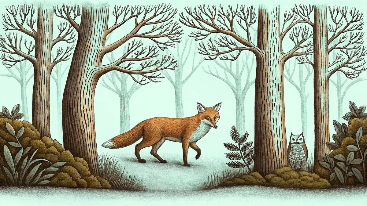 Through misty woods, a fox prowls near watching deer and owls