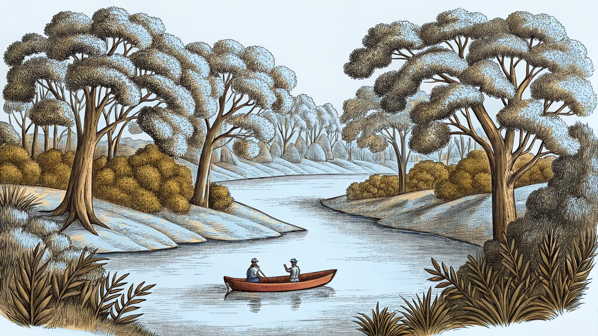 Boats sailing down a wide river bordered by dense green vegetation and hills.