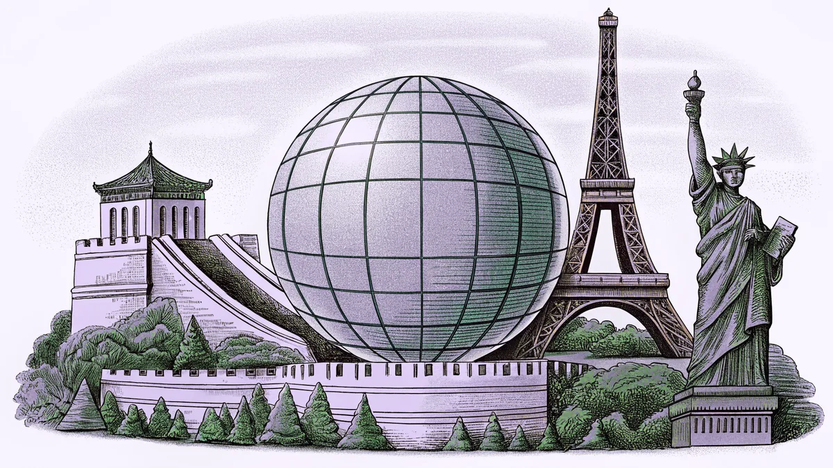 A globe encircled by iconic world landmarks, towers, and architectural monuments.