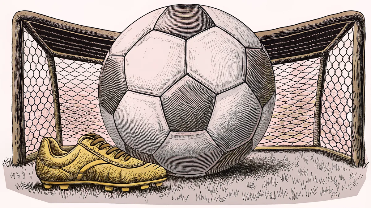 A stitched soccer ball and a gleaming boot resting on cropped turf in front of a goal net.