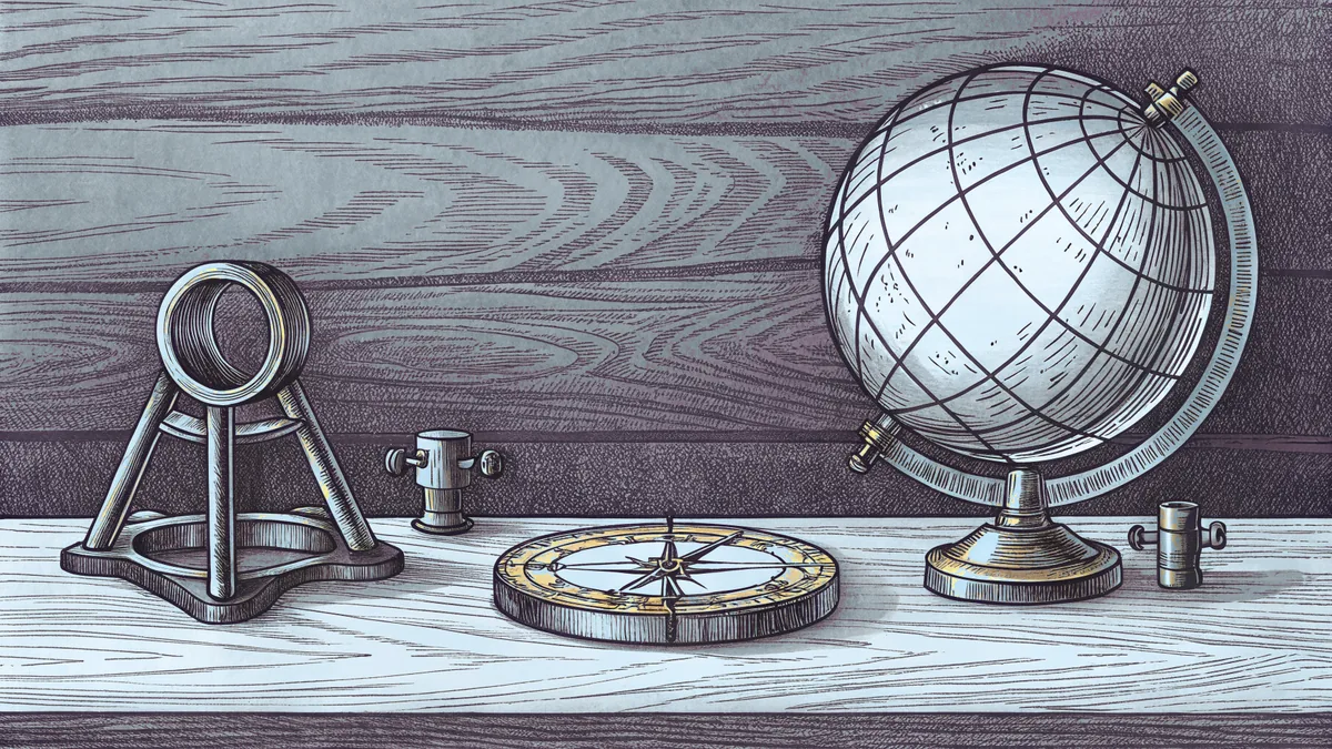 An unlabelled globe sits beside a brass compass and sextant on a weathered wooden desk.