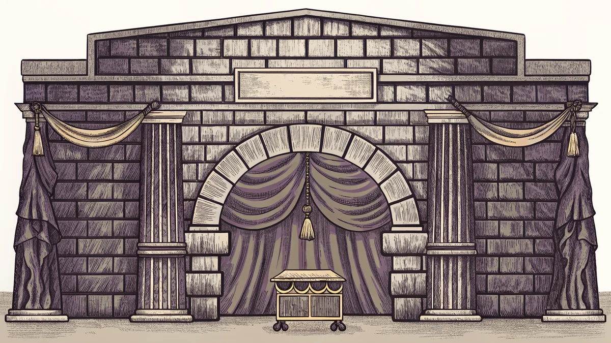 A weathered stone archway rises over a merchant's cart of spices and bolts of silk at a harbor.