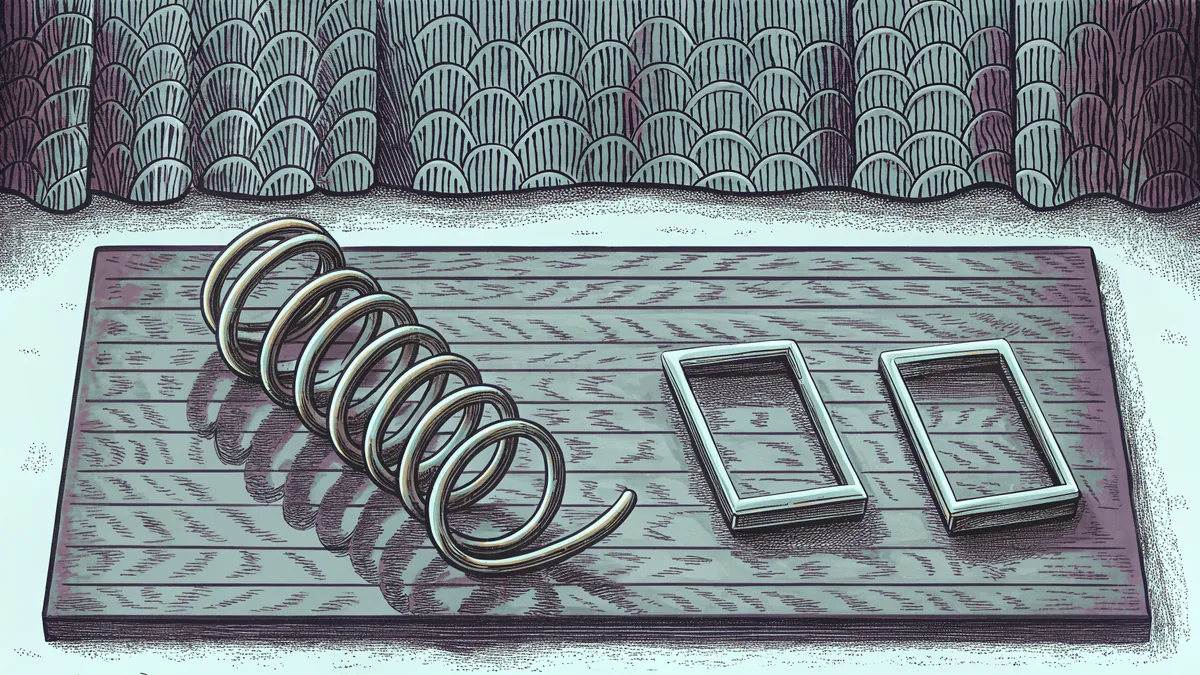 A coiled brass spring beside two rectangular glass frames on a slate surface.