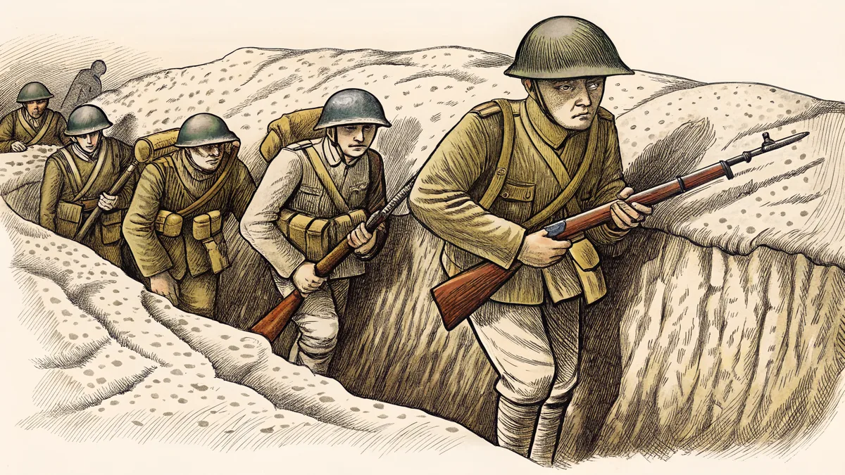 WWI soldiers in uniform advancing across muddy terrain with trenches and barbed wire.