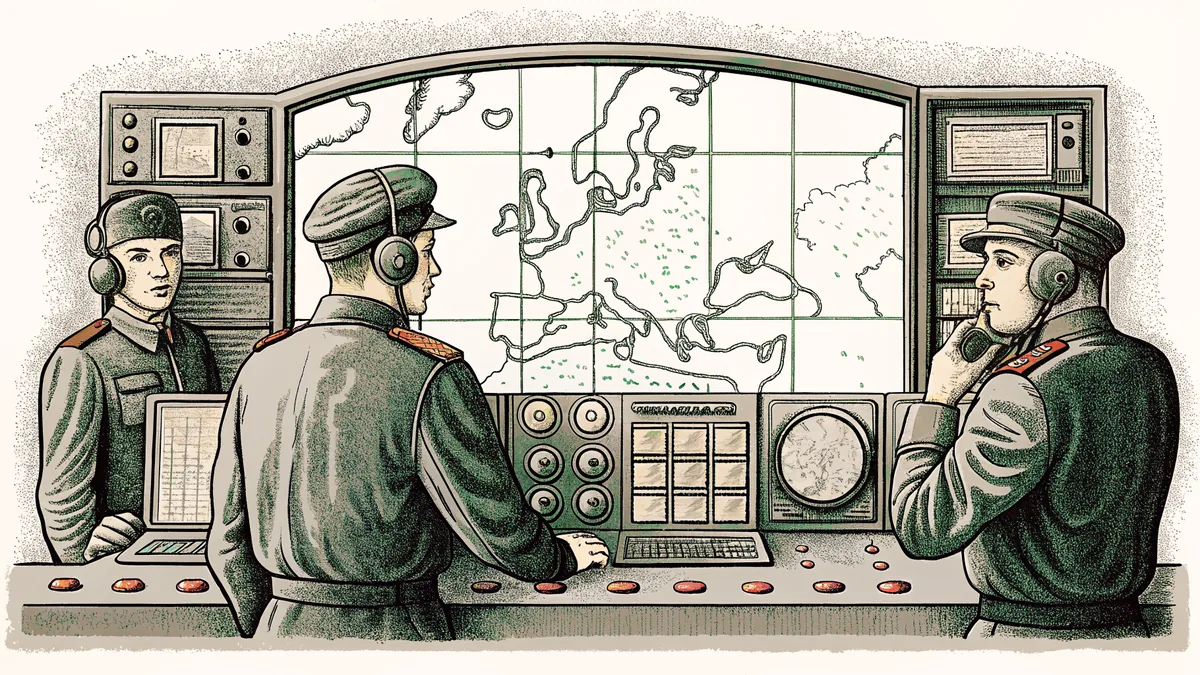 Military personnel working at vintage radio equipment in a command post.
