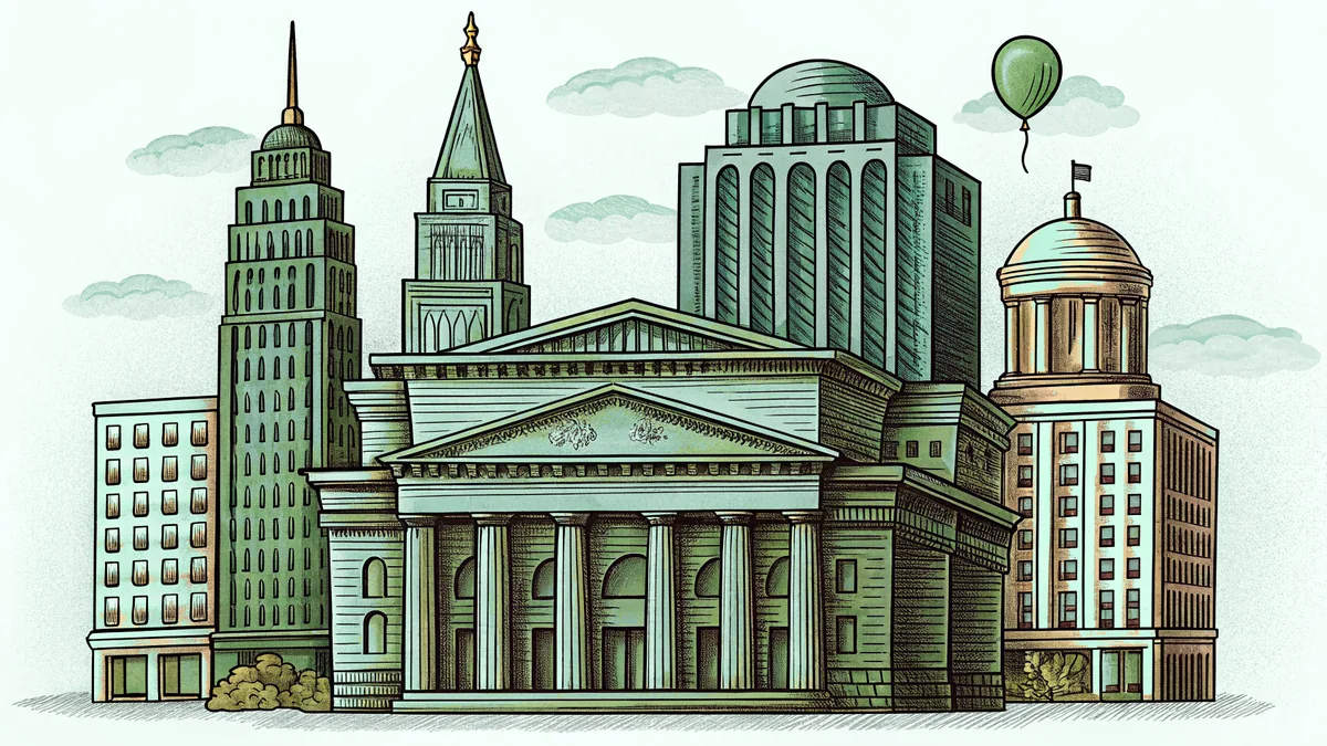 Famous city skylines including Dublin, New York, Sydney, and Chicago filled with parade-day crowds.