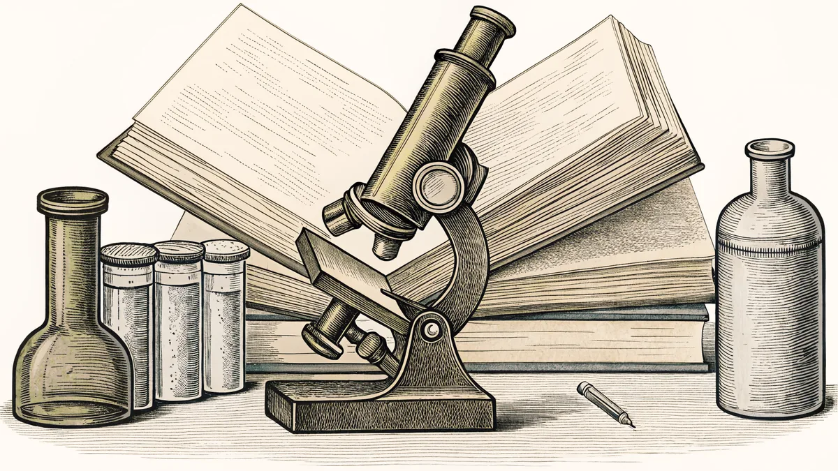An antique microscope with historical medical journals and specimen vials.