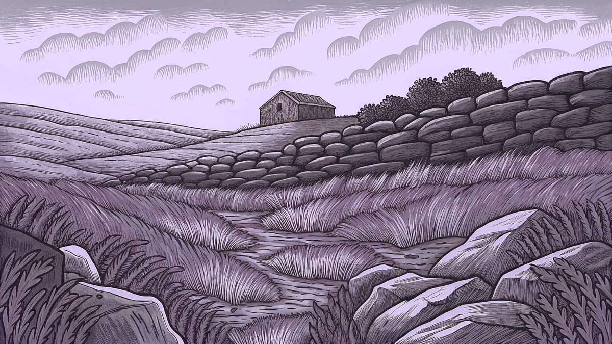 A windswept moorland landscape stretches toward a stone grange in the distance, wild grasses rippling around rocky outcrops.