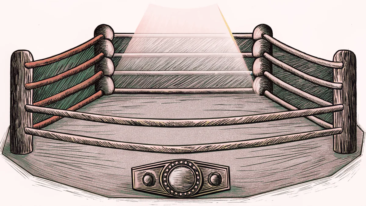 A wrestling ring with ropes stands beside a gold championship belt under a bright spotlight.