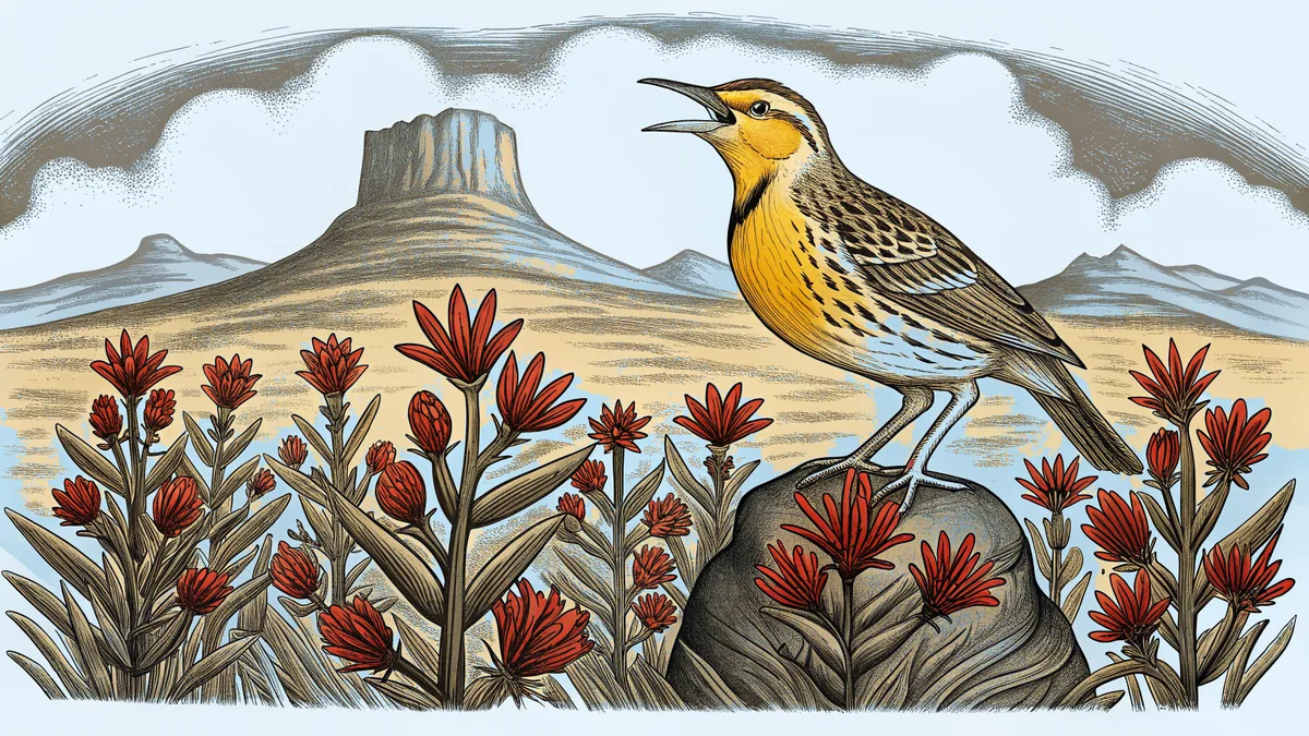 A meadowlark sings among Indian paintbrush with the Grand Tetons rising dramatically.