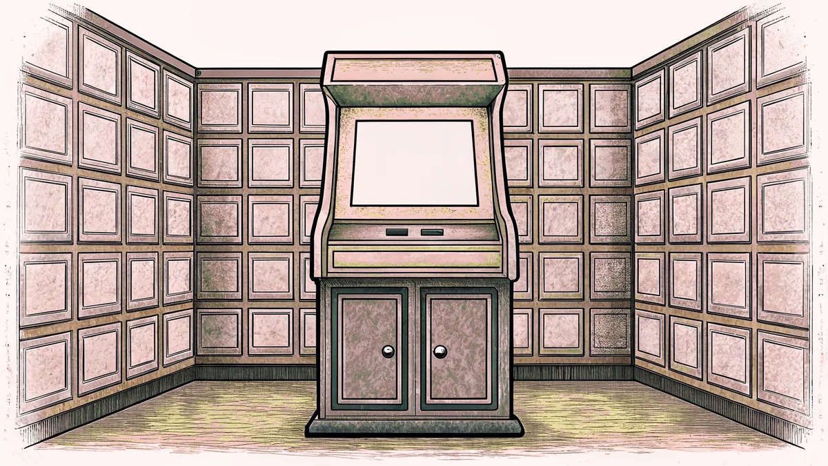 A vintage arcade machine glows beside tall stacks of comic books in shadow.