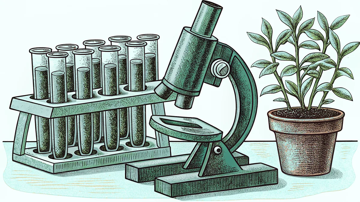 A microscope stands beside a rack of test tubes and a potted seedling on a laboratory bench.