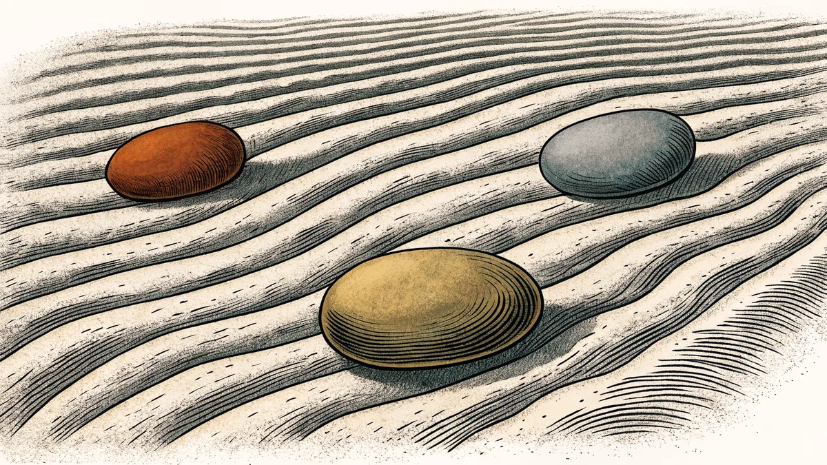 Three stones set on raked sand, one with a ridged surface.