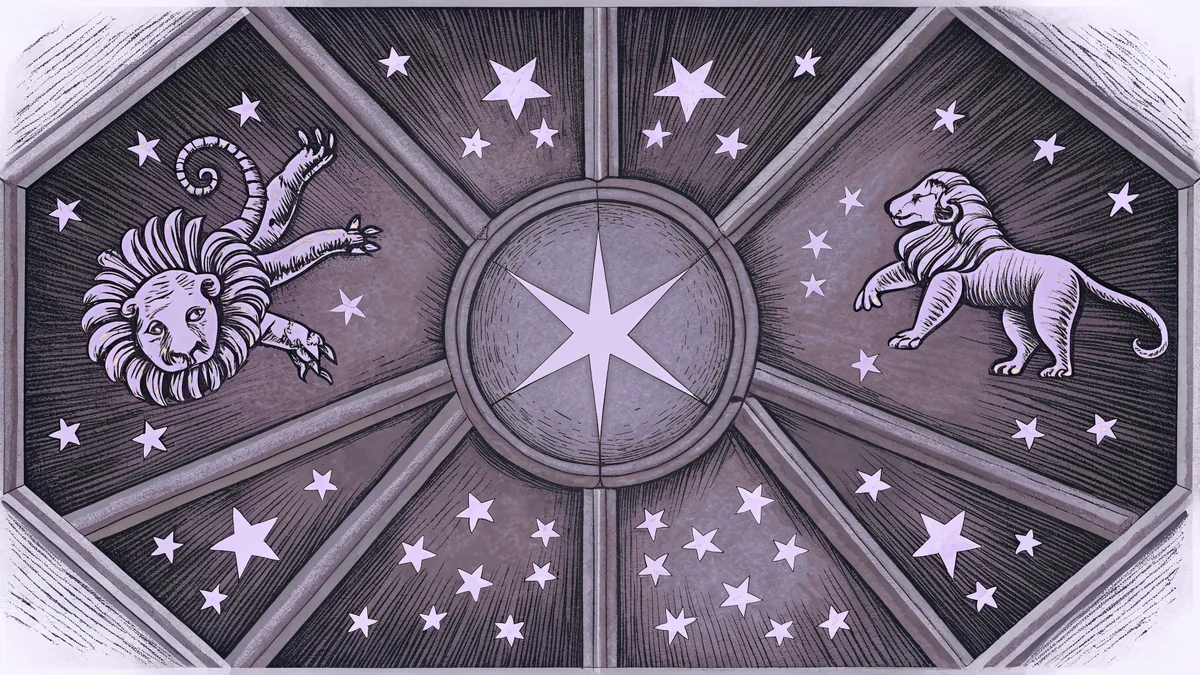 Zodiac constellations Leo, Scorpius, Taurus, and Gemini traced among bright stars in the night sky.