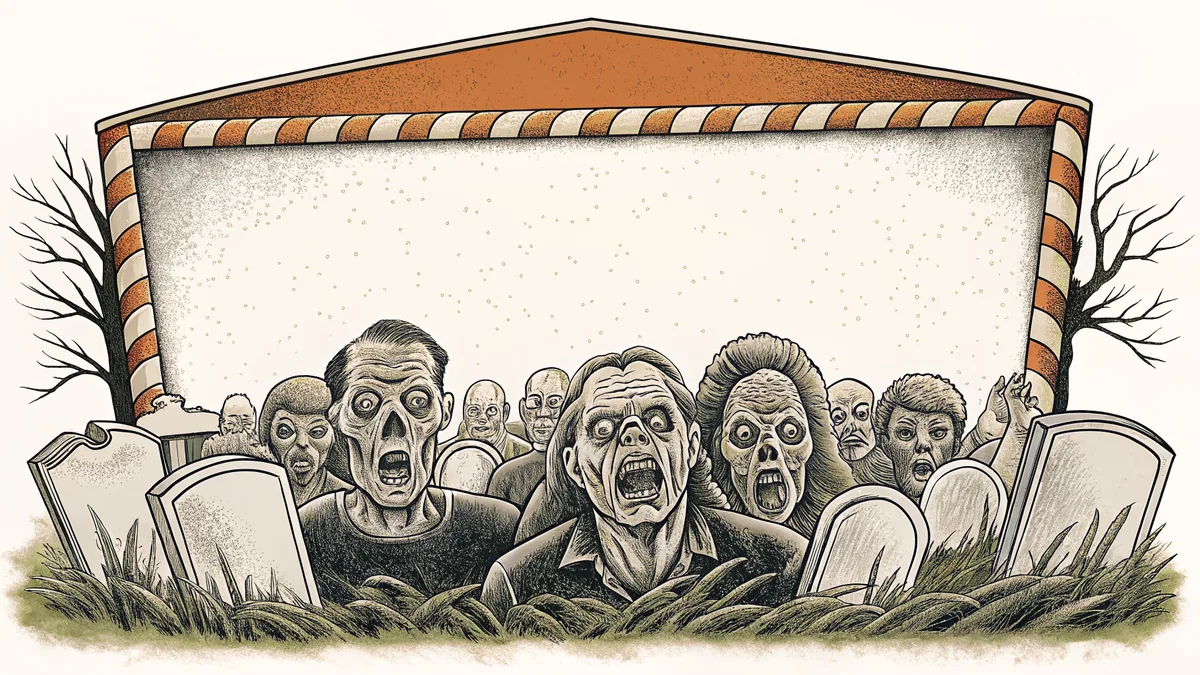 A mob of undead zombies emerging from a foggy cemetery at night.