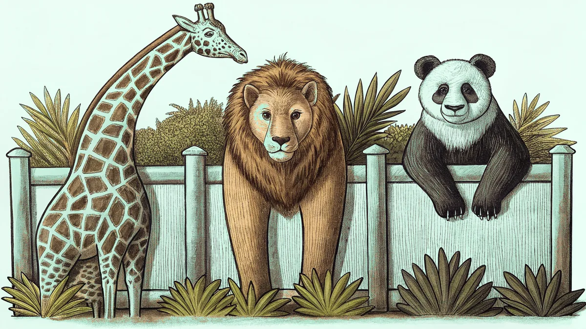 A giraffe, lion and panda beside a zoo enclosure fence.