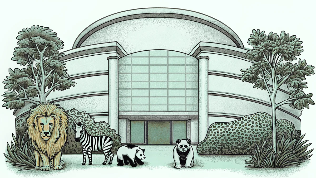 Zoo animals including a lion, zebra, panda, and monkey in habitat.
