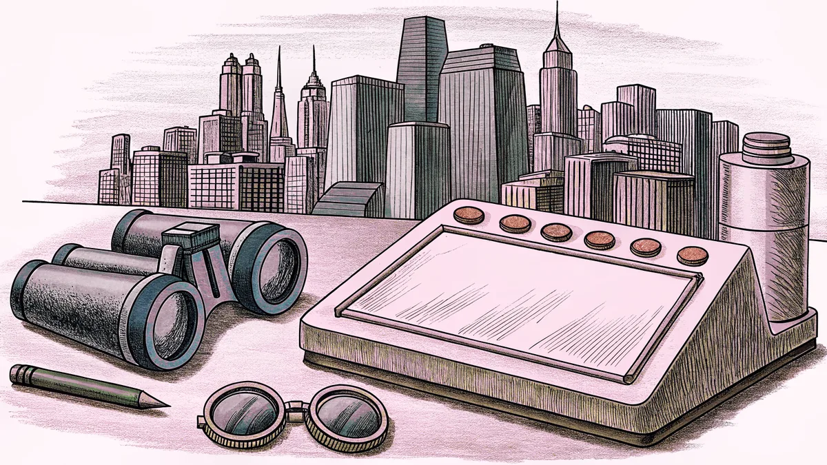 A miniature city skyline stands beside binoculars and a toy traffic console on a sleek modern desk.