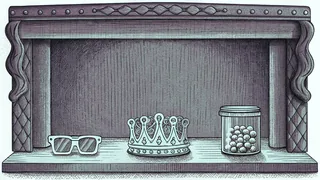 A paper party crown and oversized novelty glasses sit beside a jar filled with counted buttons.