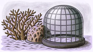 A branching coral and a rounded, patterned coral fragment sit beside a large barred glass dome on a sandy floor.