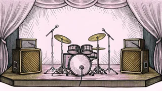 A drum kit sits on stage with large amplifiers and a microphone at center stage.