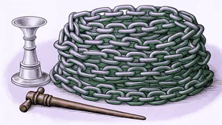 A coil of heavy iron chains lies beside a pewter candlestick and a small wooden crutch.