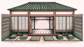 A traditional dojo interior with practice mats, a large mirror, and neatly stacked martial arts uniforms.