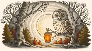 A mysterious woodland scene with moonlight illuminating an owl in silhouette.