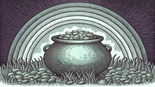A golden pot overflows with coins positioned at a rainbow's end over green grass.