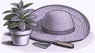 A small potted plant sits beside a garden trowel and a straw sun hat.