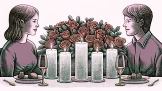 A candlelit table glows with roses, wine, and an elegant plated dinner.