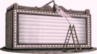 An unmarked theater marquee stands beside a wooden ladder and a reading lamp.