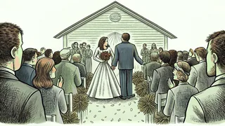 A wedding ceremony scene with bride, groom, flowers, and confetti.