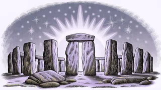 A crystalline tesseract hovers above ancient stone monoliths under starlight.