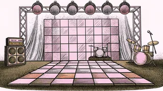 A glittery disco dance floor features a bass guitar and drum kit beneath vibrant stage lighting and spinning mirror balls.
